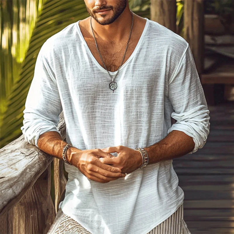 2025 Spring Summer Breathable Thin T-shirts Mens Casual Solid Color Long Sleeve Pullover Tops Men Leisure Loose V Neck T Shirt