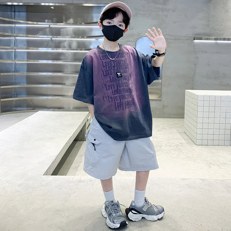 Summer Kids Outfit Sets for Boys Short Sleeve T-shirt Shorts 2PS Clothing Set Tweens Child Tracksuit Top and Bottom Clothes Set  (Available)