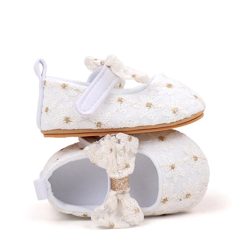 Newborn Baby Girls Mary Jane Flats Cute Bowknot Wedding Dress Shoes Non-Slip First Walkers Embroidery Flower Soft Shoes
