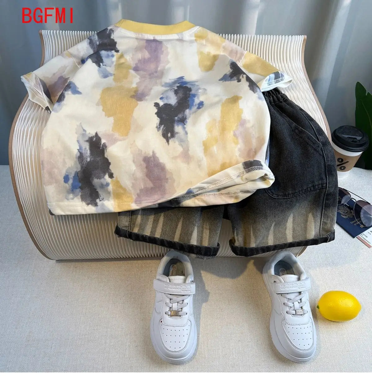 New Boys Fashion Summer Cotton Letter Printing T-shirts+Graffiti Denim Shorts 2pcs Set Kids Korean Outfits Sets Children Clothes