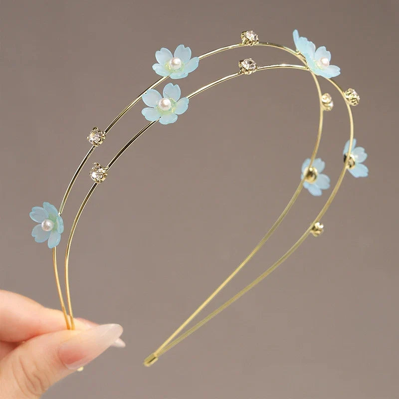 Double Layer Rhinestone Flower Hairbands for Women Fashion Elegant Metal Hair Hoop Korean Style Headwear Girls Hair Accessories
