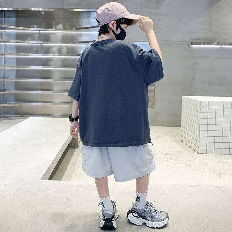 Summer Kids Outfit Sets for Boys Short Sleeve T-shirt Shorts 2PS Clothing Set Tweens Child Tracksuit Top and Bottom Clothes Set  (Available)