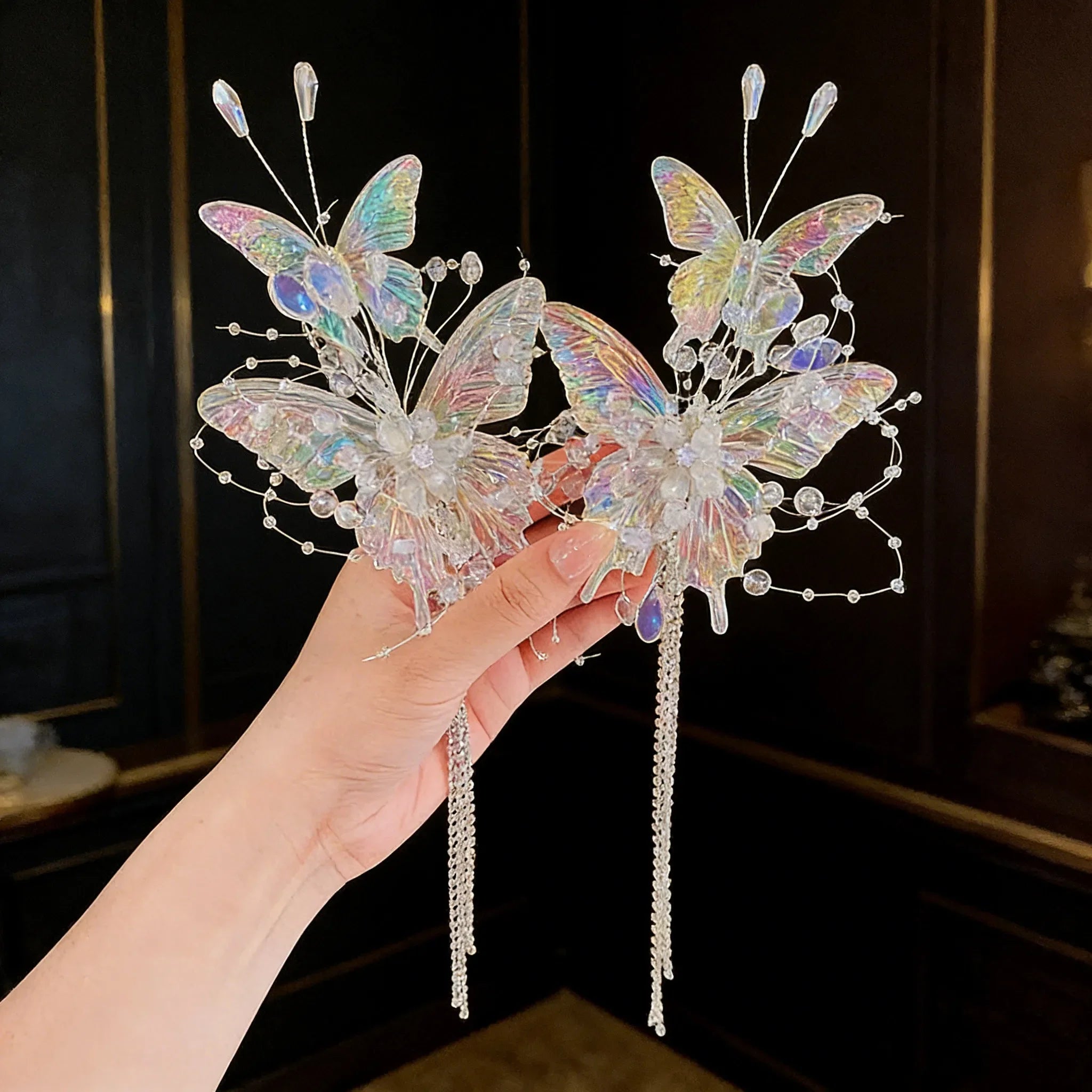 Fairy Bride Headdress BrideCourt Hair Ornament Crystal Butterfly Wings Headwe Lace Feather Fringe Hair Clip Wedding Accessories