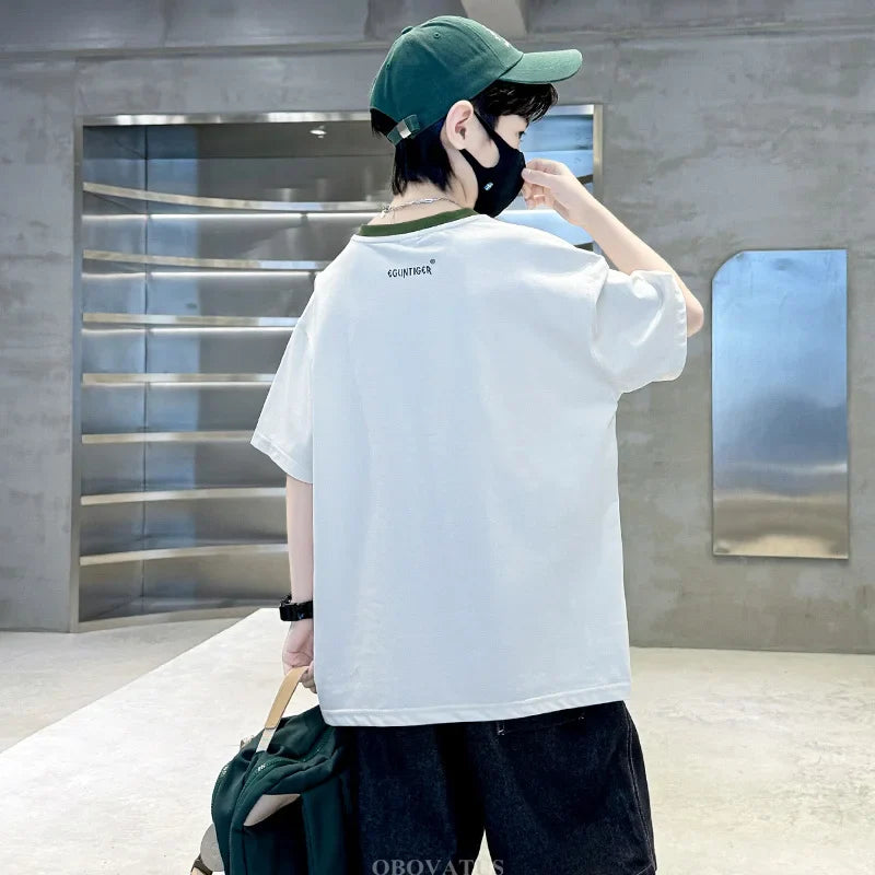Summer Tees Tops for Teen Boy Cotton T-Shirt New Short Sleeve Fashion Cartoon Tshirts for Children Korea Kids Luxury Clothes