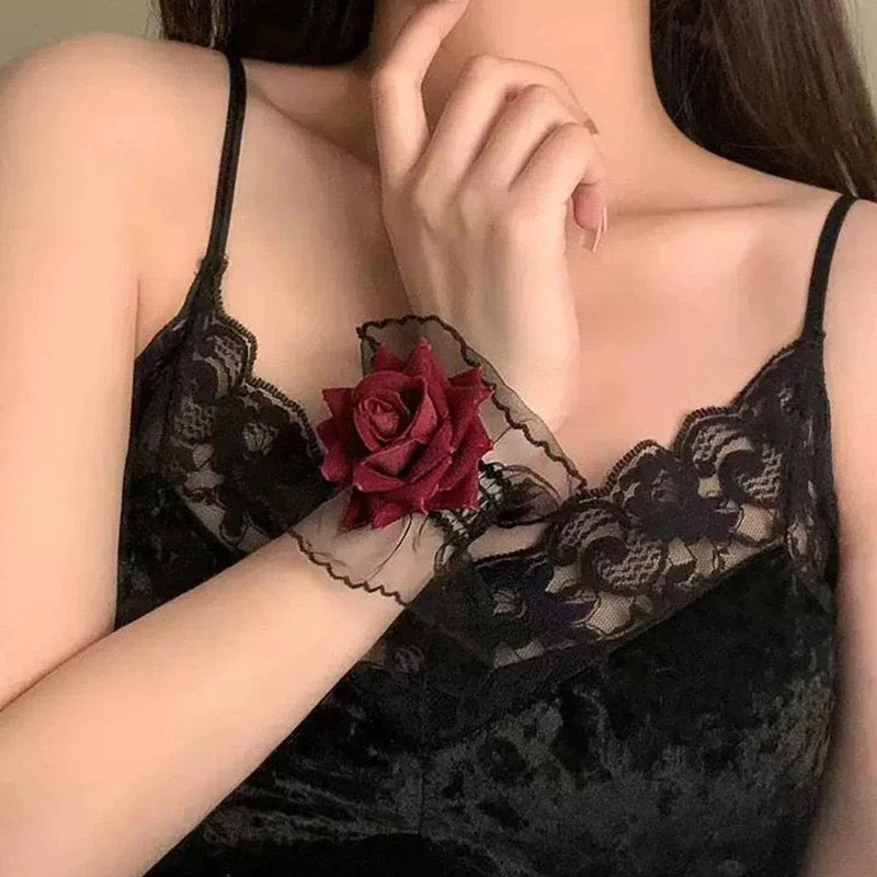 Dark Gothic Red Rose Wristband Flowers Mesh Hand Ornaments Fake Sleeve Detachable Lace Wrist Bands Bracelets Accessories