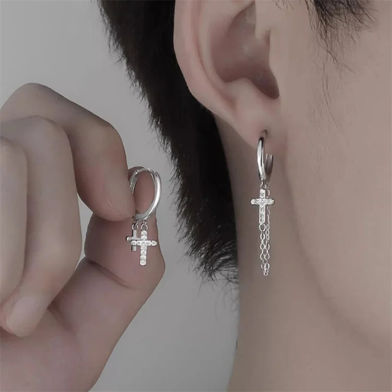 Trendy 925 Sterling Silver Earrings For Men Jewelry Classic Double Cross Drop Earrings Male Personality  Asymmetric Ear Buckle
