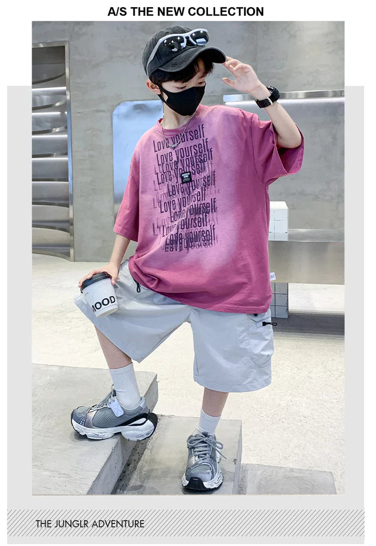 Summer Kids Outfit Sets for Boys Short Sleeve T-shirt Shorts 2PS Clothing Set Tweens Child Tracksuit Top and Bottom Clothes Set  (Available)