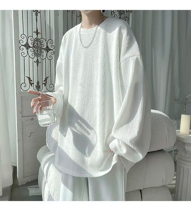 Men's Long Sleeve T-Shirt - Classic Versatile Spring/Autumn New Student Korean Style Loose  Drape Trendy Niche Solid Color Top