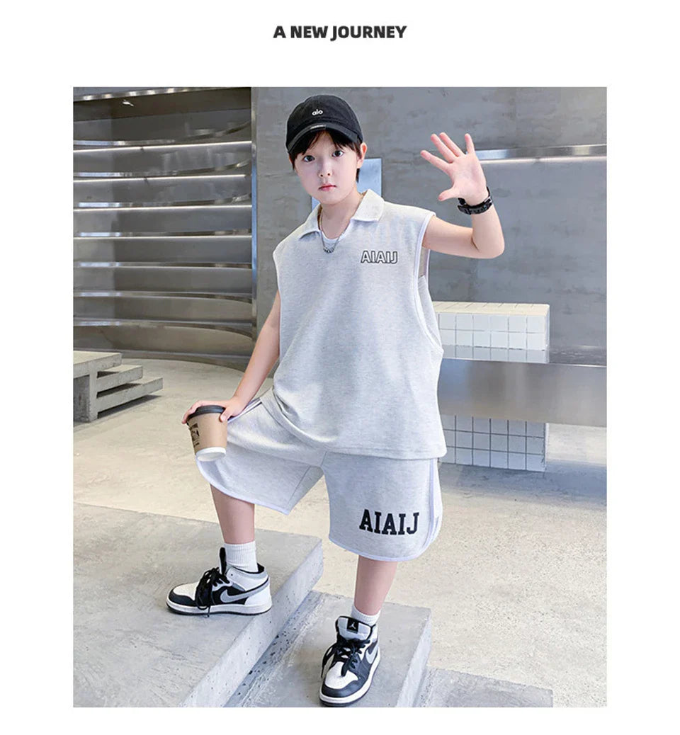 Boys Clothing Set American Style Children Vintage Vest Casual Sport Loose Pullover Sleeveless T-shirt Top Shorts Two-piece Set