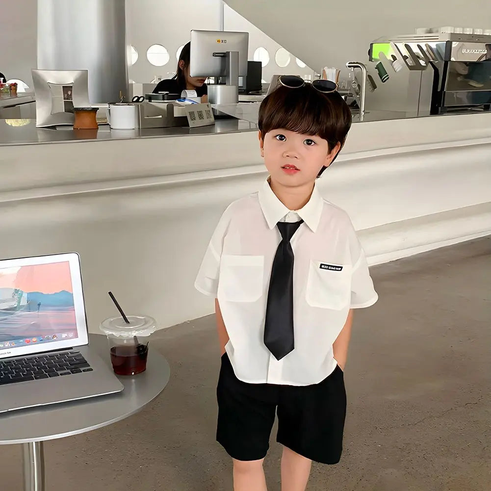 Teens Boys Summer Set Children's Wear Thin 2025 New Handsome British Style Boy White Cotton Short Sleeved Shirt+Black Shorts+Tie