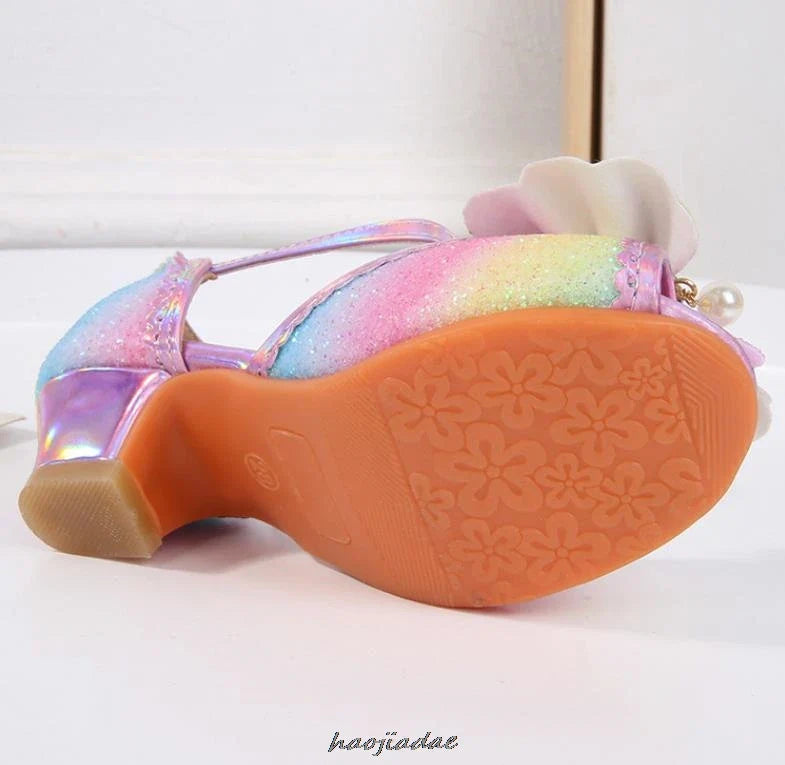 Summer High Heels Shoes for Girls Pageant Kids Sandals Child Mary Jane Shiny Princess Party Dress Up Shoes Purple Gold Pink Blue