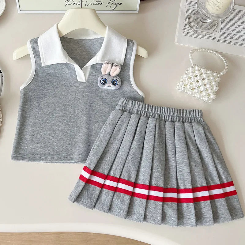 Baby Girl College Style Summer 2PCS Clothes Set Polo Collar Kid Girl Vest Top Set Thin Stylish Stripe Pleated Skirt Belle Outfit