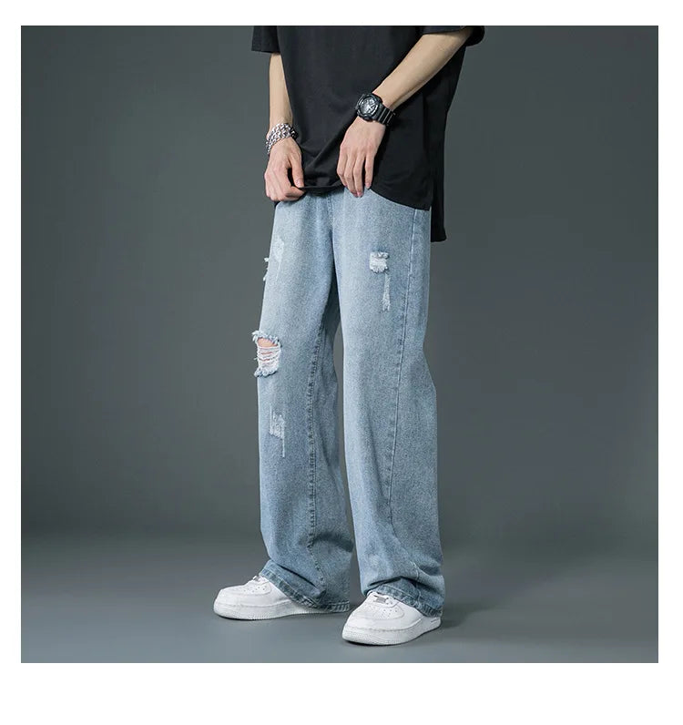 Ripped Jeans Men Ins Trendy Straight Leg Loose Wide Leg Pants High Waist Floor Mopping Denim Pants Versatile Casual Pants Men's