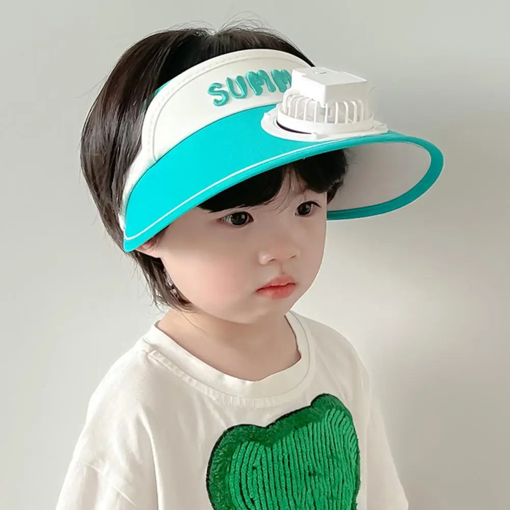 Summer Children Sun Hat with Mini Cooling Fan Empty Top Wide Brim Visor Hat Hiking Travel Sunscreen Hat Girls Boys Outdoor Sun P