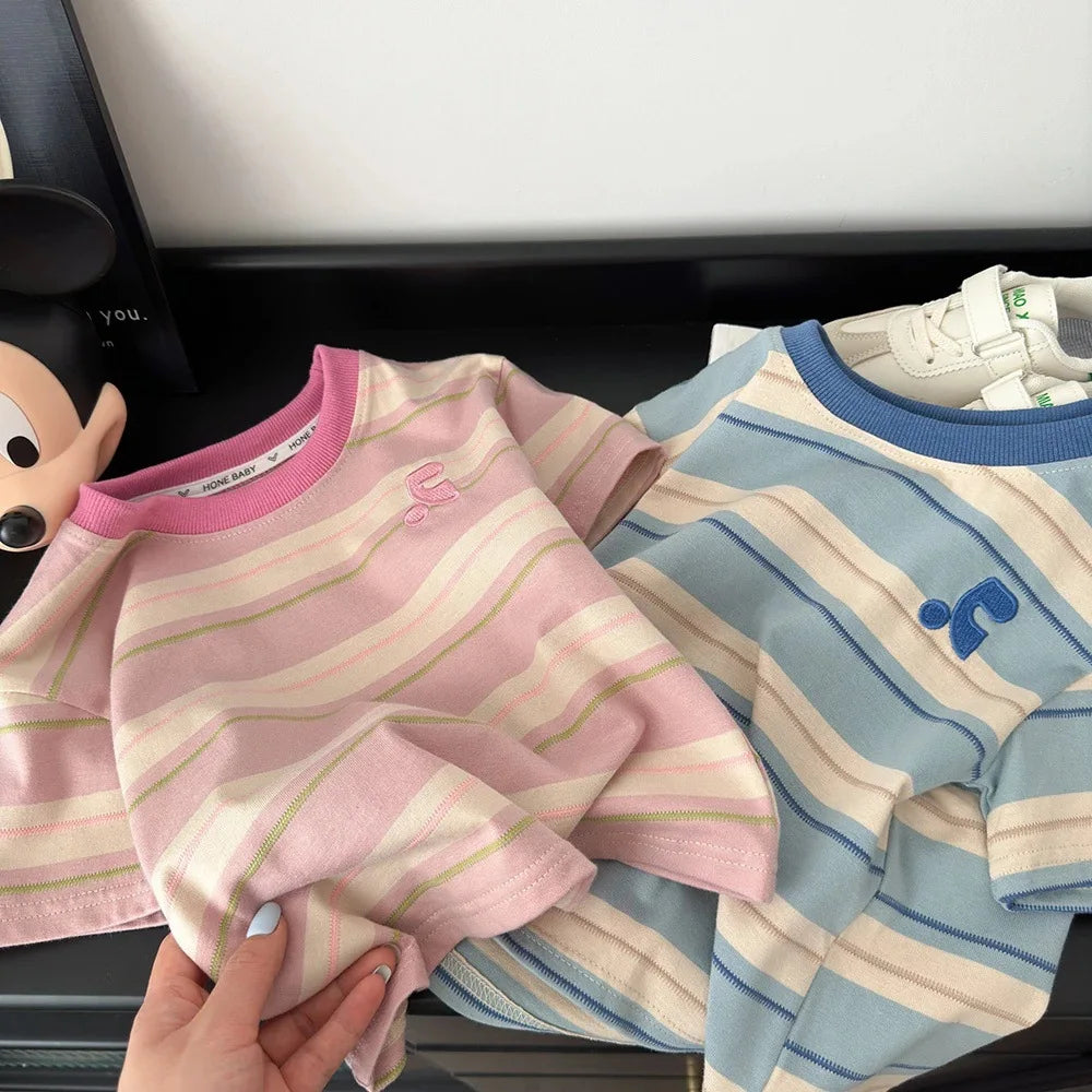 Summer Cotton Children Striped Short Sleeved Embroidered T-shirt for Boys and Girls Korean Versatile Short T-shirts Fashion Top