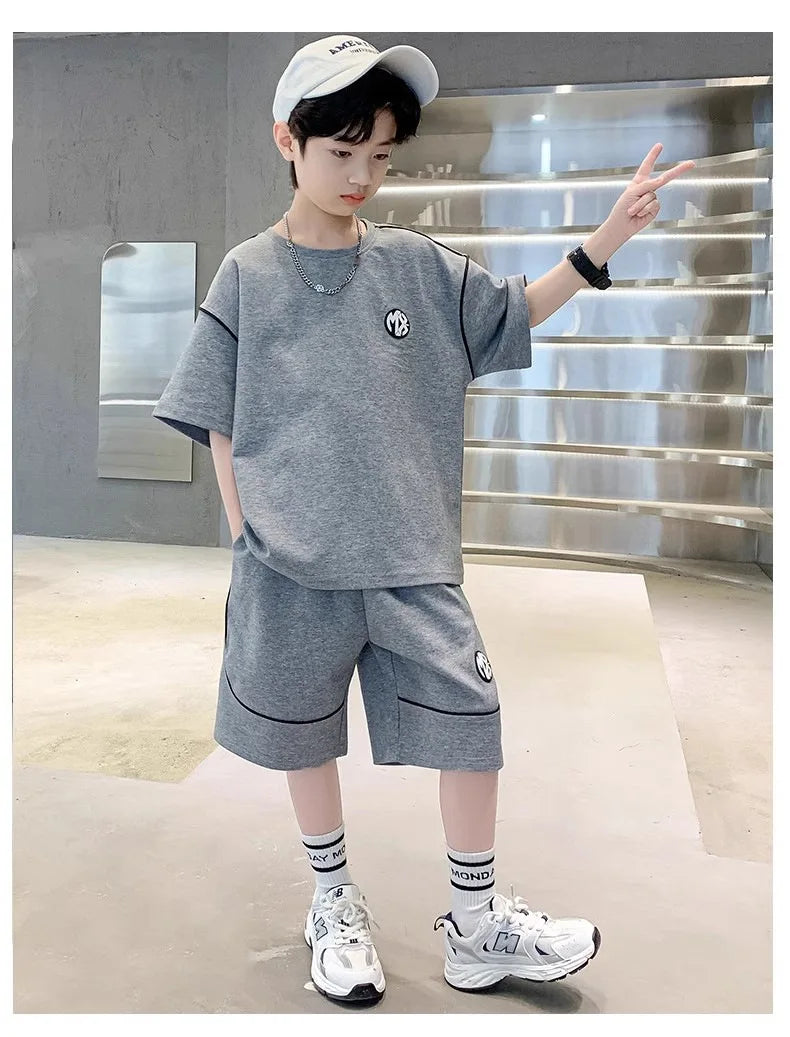 Boys Suit Child set Clothes Short-Sleeved loose black t-shirt + half pants Teenager Tracksuits Kids 8 10 12 year