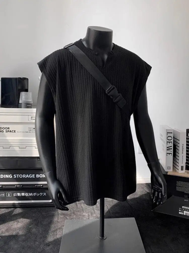 Striped Vest Men's Summer American Sleeveless V-Neck T-Shirt Textured Solid Fitness Sweatshirt