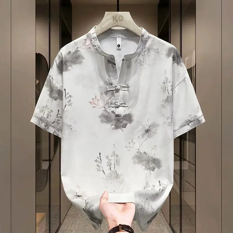 New Chinese Short-sleeved Men Trendy Versatile T-shirt in Summer Retro Stand Collar Thin Fashion Pullover (Available)