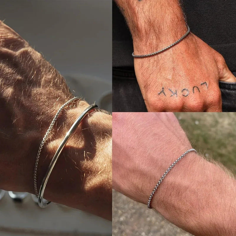 Mens Bracelet 2pcs Bracelets Set with Box Chain & Cuban Link, Stainless Steel Jewelry Gifts for Men - Dad, Boyfriend, Husband.