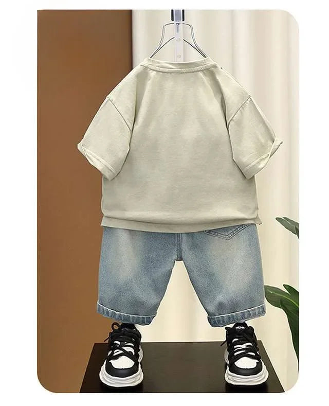 Boys Summer Clothing Set Letter Print Short Sleeved T-shirt+Denim Shorts 2Pcs Suit For Kids Handsome Casual Outfit