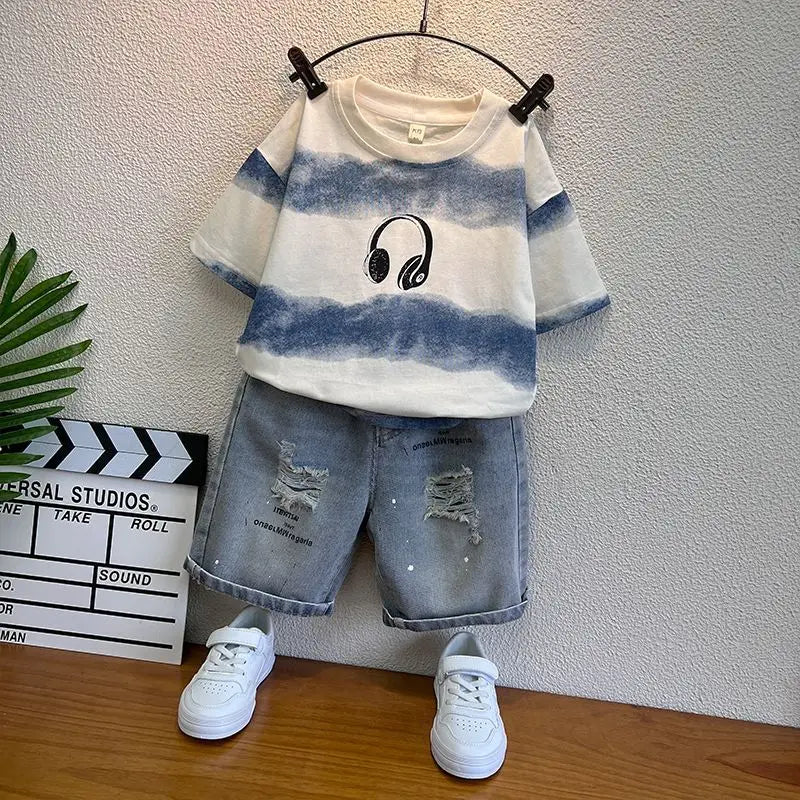 New Boys Sleeveless Vest Denim Shorts 2PC Sets Outdoor Festival Clothing Vintage Print Kids Miracle Design 2-10 Years White Tops