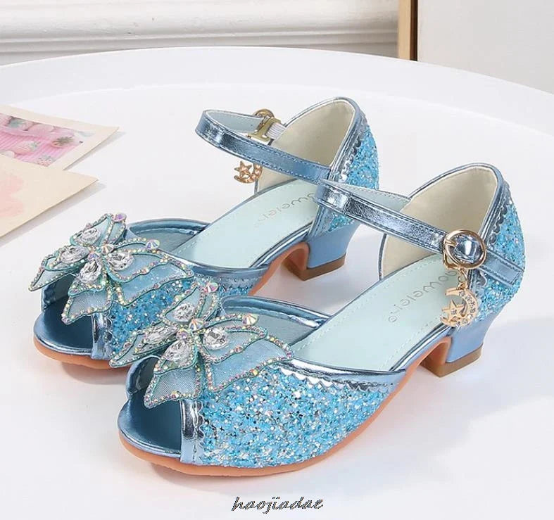 Summer High Heels Shoes for Girls Pageant Kids Sandals Child Mary Jane Shiny Princess Party Dress Up Shoes Purple Gold Pink Blue