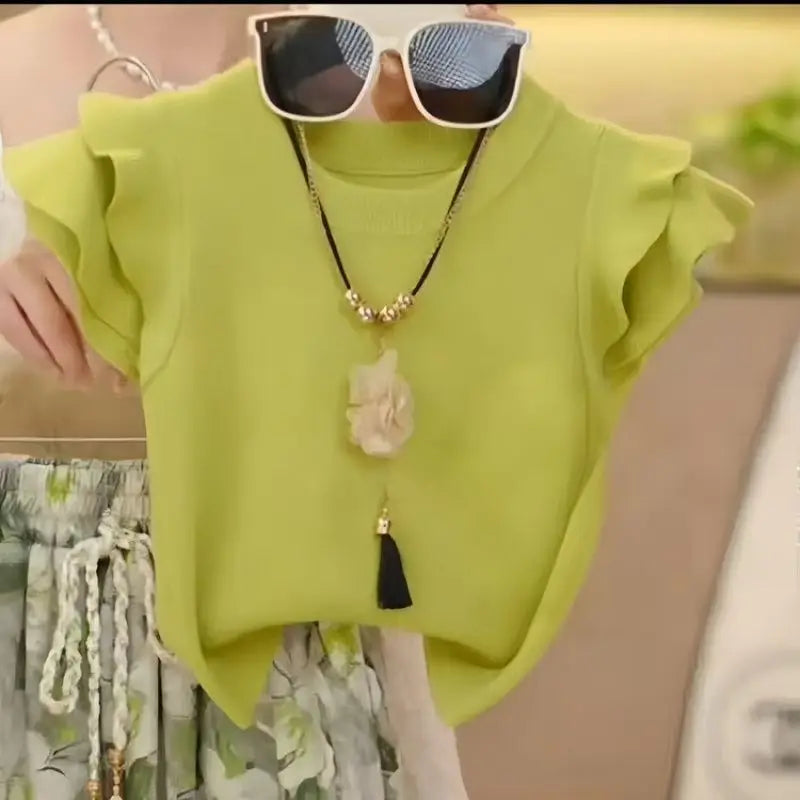 Baby Girl Summer and Spring Two Piece Set of Green Floral Pants with Flying Sleeves and Top Fashion Kids Outwear Suit