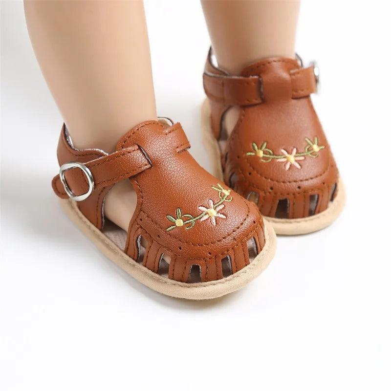Newborn Infant Baby Girl PU Leather Embroidery Flower Sandals Summer Soft Sole Flat Princess Shoes Infant Non-Slip First Walkers