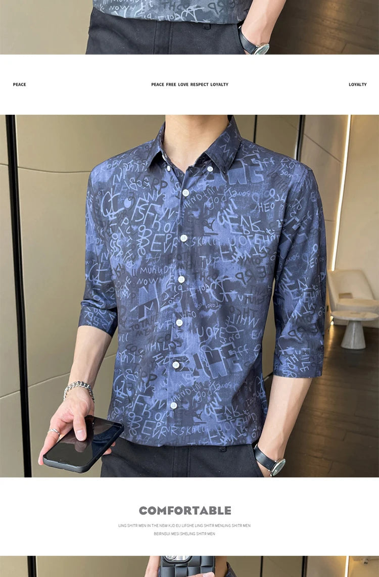 Men's Stylish 3/4 Sleeve Shirt English Letter Print Casual Turn-Down Collar Summer Fashion Breathable Loose Fit Top