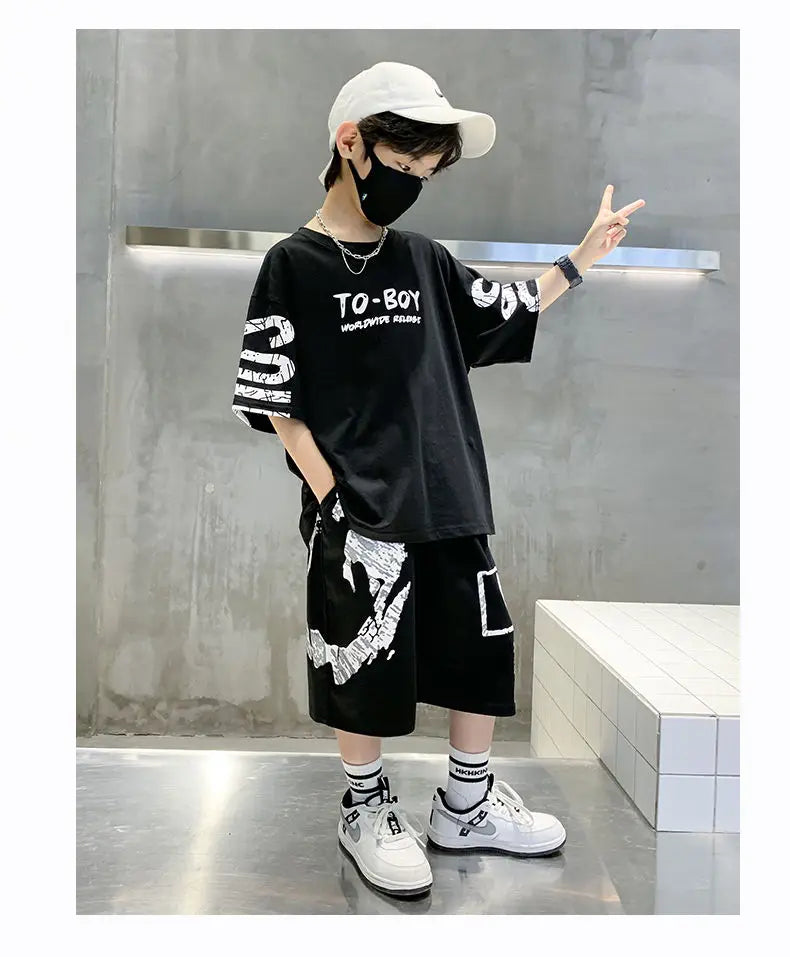 Boys Summer Trendy Casual Sports 2pcs T-shirts+Pants Suits 3-14 Years Teenage Boys Hip Hop Style Fashion Outfits Clothes Sets (Available)