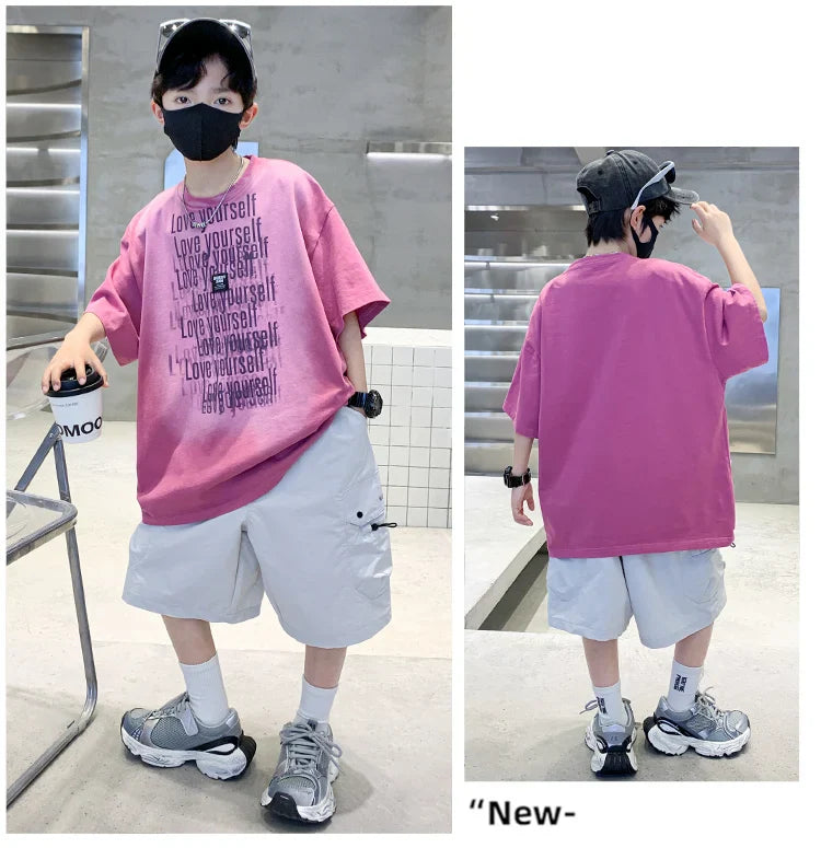 Summer Kids Outfit Sets for Boys Short Sleeve T-shirt Shorts 2PS Clothing Set Tweens Child Tracksuit Top and Bottom Clothes Set  (Available)