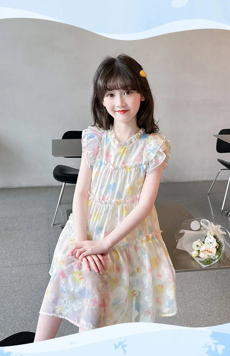 Summer girl's dress new style children's Western style floral chiffon princess dress printed baby's park play skirt