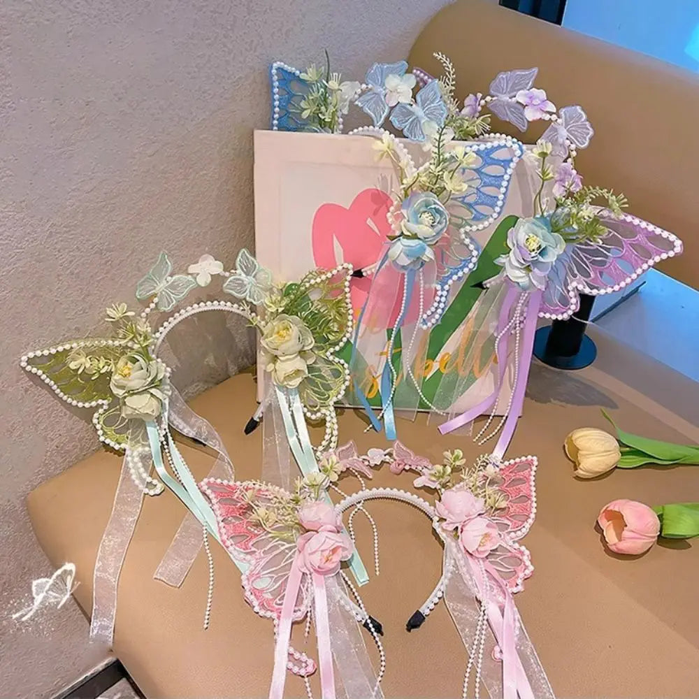 Fresh Sweet Butterfly Flowers Hairband Pearl Beads Silk Ribbon Floral Headwear Fairy Hair Jewelry Decorative Headwear Women Wear