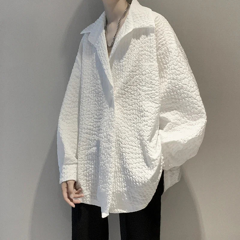 Men's White Textured Oversized Long Sleeve Shirt Loose Casual Wrinkle Fabric Button Down Blouse Fashion Streetwear Tops