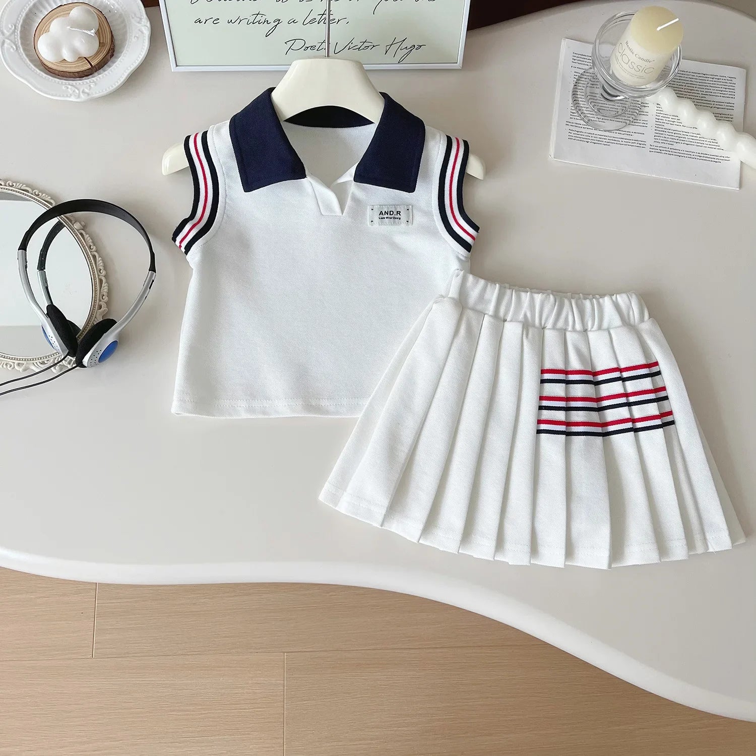 Baby Girl College Style Summer 2PCS Clothes Set Polo Collar Kid Girl Vest Top Set Thin Stylish Stripe Pleated Skirt Belle Outfit