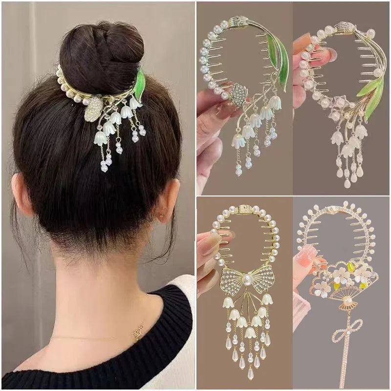 Ladies Butterfly Rhinestone Pearl Metal Hair Claw Round Bun Ponytail Holder