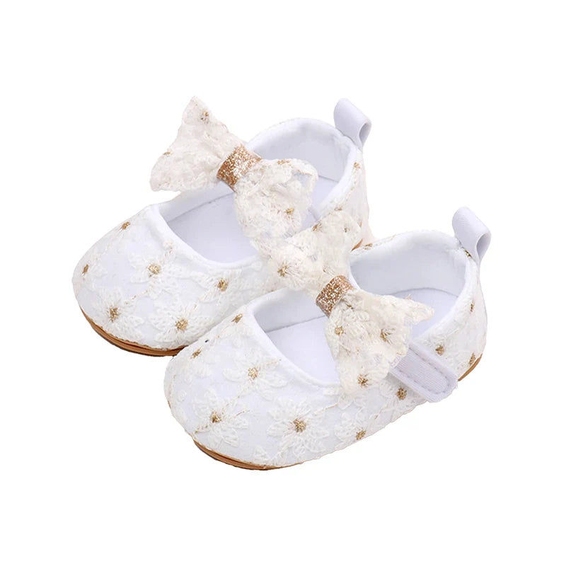 Newborn Baby Girls Mary Jane Flats Cute Bowknot Wedding Dress Shoes Non-Slip First Walkers Embroidery Flower Soft Shoes