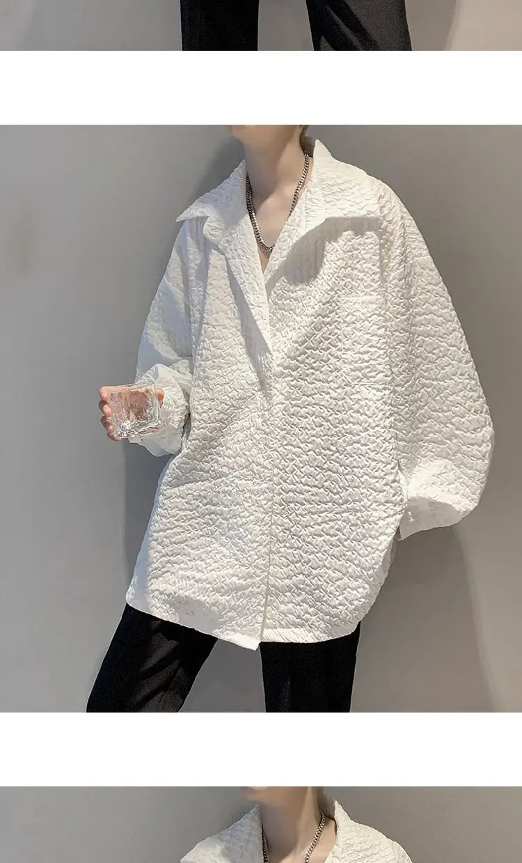 Men's White Textured Oversized Long Sleeve Shirt Loose Casual Wrinkle Fabric Button Down Blouse Fashion Streetwear Tops