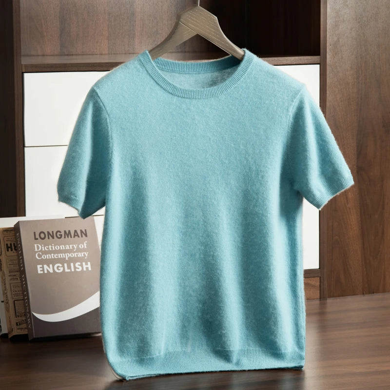 Men's T-shirt spring/Summer New Item 100% Cashmere Short Sleeved Men's Round Neck Knitted Pullover Vest Casual Men's Clothing