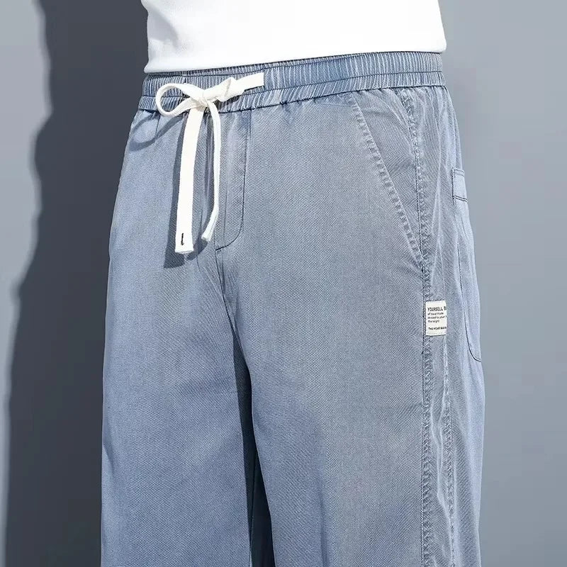 2025 New Summer Soft Lyocell Fabric Men's Jeans Thin Loose Straight Pants Drawstring Elastic Waist Korea Casual Trousers (Available)