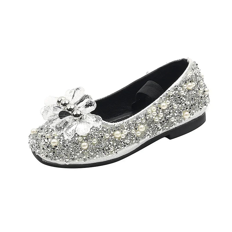 Children's Shoe for Girl Fashion Rhinestone Kids Leather Shoes Sequins Princess Ballet Slip-on Versatile Toddler Casual Shoes