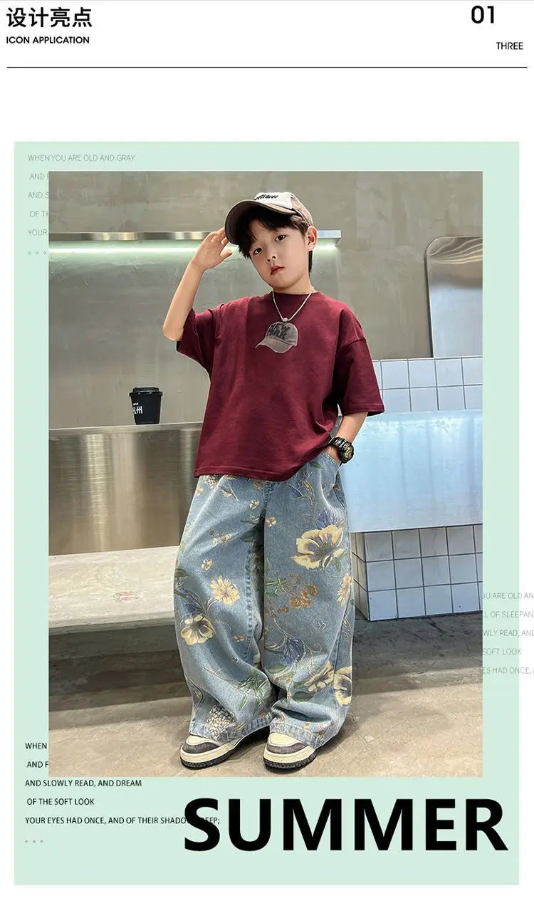 Boys' Summer Outfit Sets New Style Children's Short Sleeved T-shirt Long Pants Two-piece Suits Big Children's Stylish Sets
