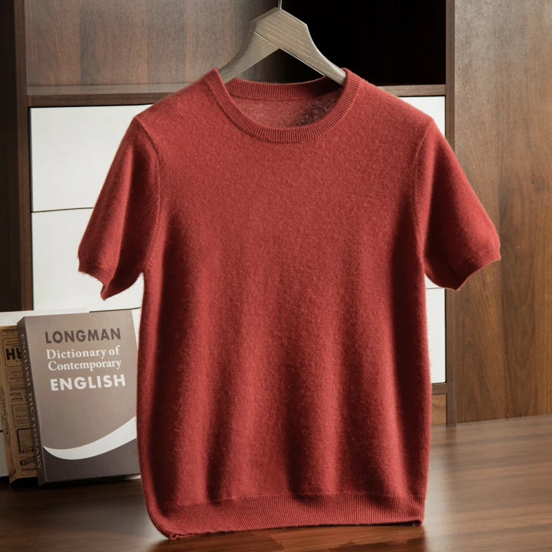 Men's T-shirt spring/Summer New Item 100% Cashmere Short Sleeved Men's Round Neck Knitted Pullover Vest Casual Men's Clothing