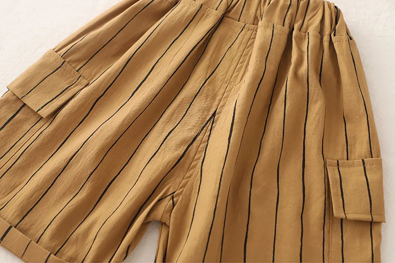 New Fashion Soft and Comfortable Children's Coffee Vertical Stripe Shirt Shorts Three-piece Set Kids Clothes Boys
