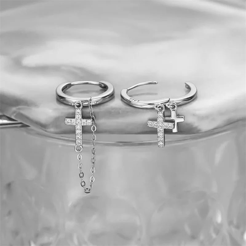 Trendy 925 Sterling Silver Earrings For Men Jewelry Classic Double Cross Drop Earrings Male Personality  Asymmetric Ear Buckle