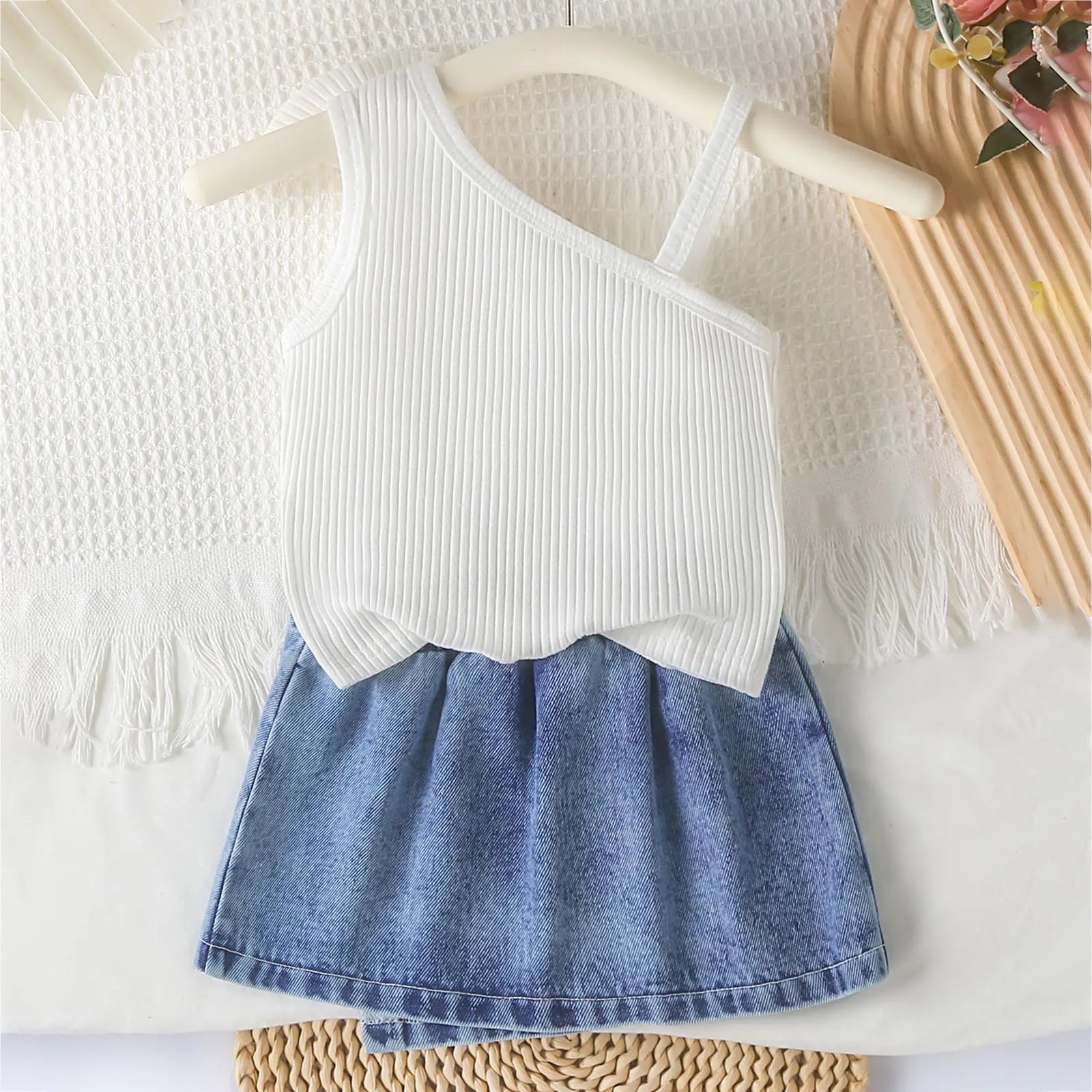 Small Fresh Jeans Skirts Sets Cute Baby Girl Comfortable And Breathable Set Cute Flower Embroidery Short Sleeve Skirt Two Piece