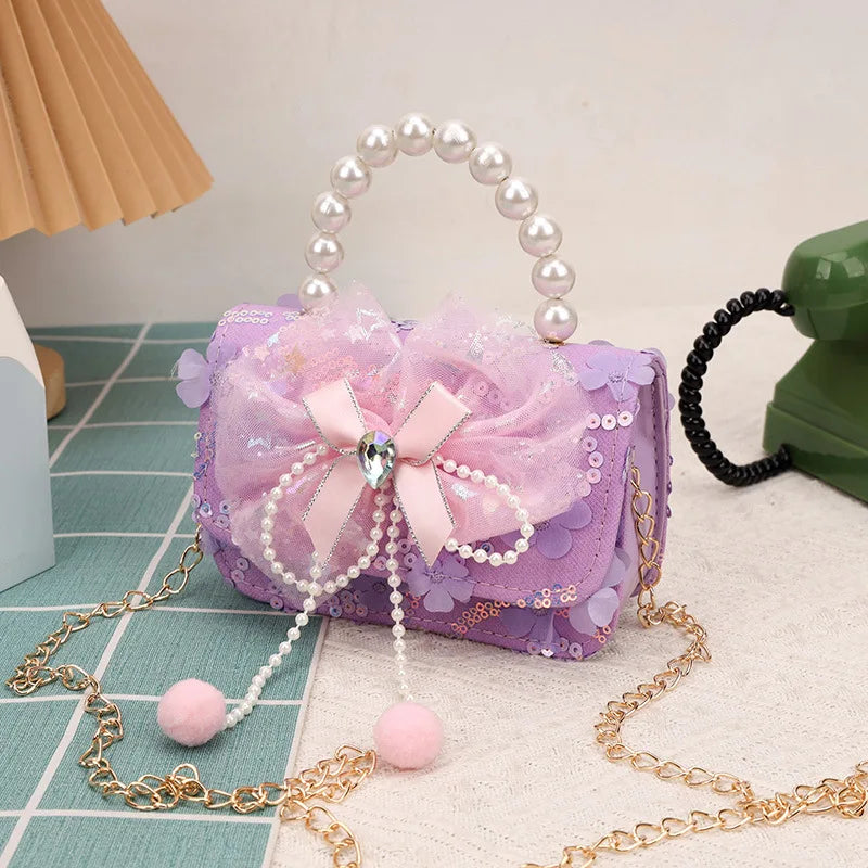 Cute Sequin Bow Kids Mini Square Shoulder Bags Versatile Children Chain Crossbody Bag Lace Girls Pearl Handbags Clutch Purse
