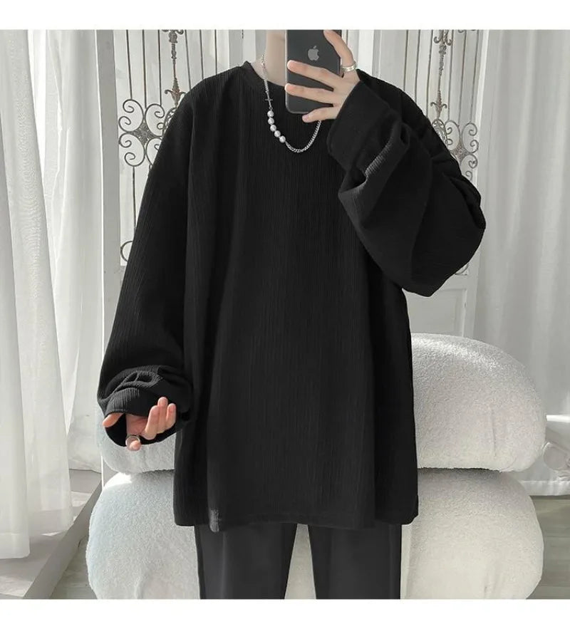 Men's Long Sleeve T-Shirt - Classic Versatile Spring/Autumn New Student Korean Style Loose  Drape Trendy Niche Solid Color Top