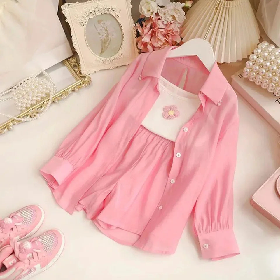 Baby Girl Summer Clothes Set Mesh Summer Cofortable Infant 3-10 Year Pageant Elegant Kids Outfits Coat+Tops+Pant 3Pcs Costume