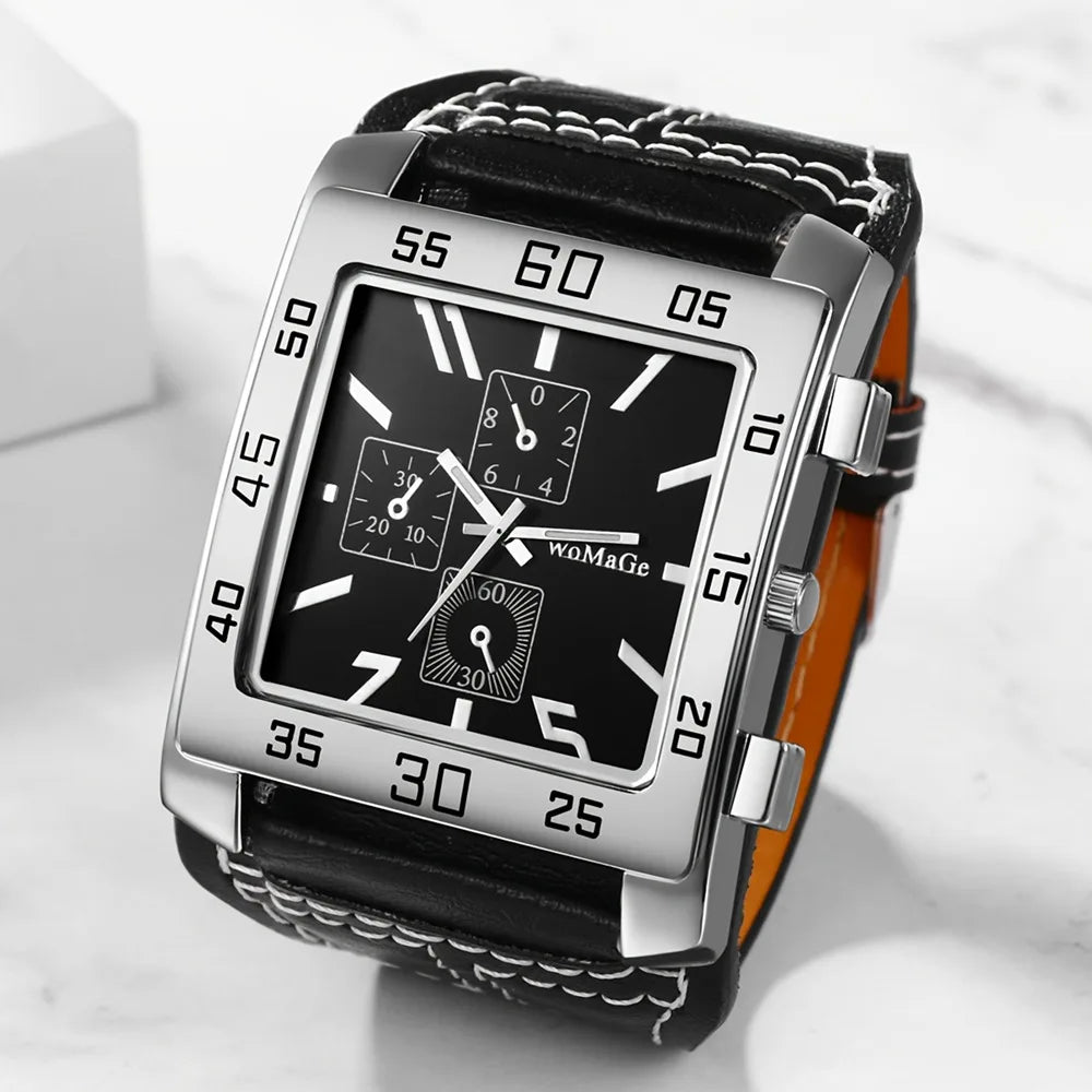 Mens Square Big Size Wristwatch Quartz Leather Strap Watches Masculino Relogio Fashion Elegant Clock Out-door Reloj Hombre saati